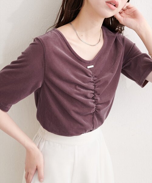 natural couture(ナチュラルクチュール)の「シアーベロアギャザーT(Tシャツ/カットソー・レディース・ブルー/オフホワイト/ブラック/グレイッシュベージュ/ブラウン/ボルドー/ピンク/ネイビー/ミント・FREE)」の8枚目の写真