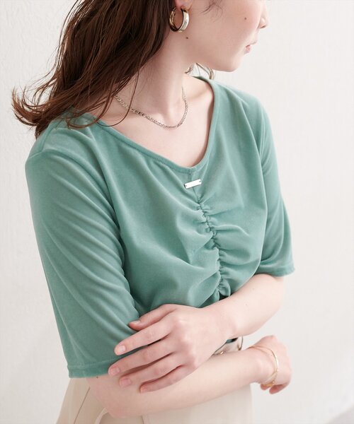 natural couture(ナチュラルクチュール)の「シアーベロアギャザーT(Tシャツ/カットソー・レディース・ブルー/オフホワイト/ブラック/グレイッシュベージュ/ブラウン/ボルドー/ピンク/ネイビー/ミント・FREE)」の5枚目の写真