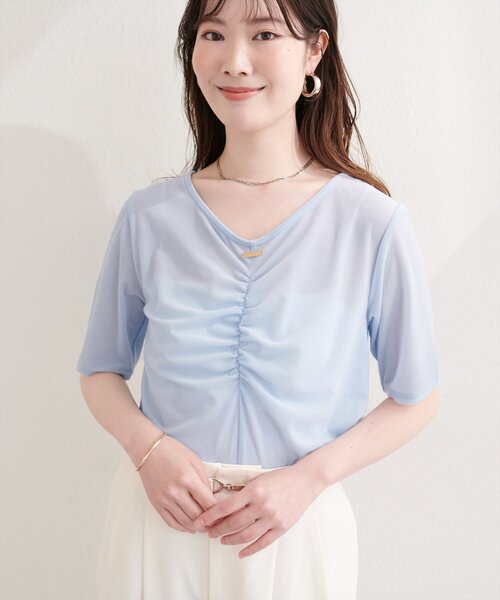natural couture(ナチュラルクチュール)の「シアーベロアギャザーT(Tシャツ/カットソー・レディース・ブルー/オフホワイト/ブラック/グレイッシュベージュ/ブラウン/ボルドー/ピンク/ネイビー/ミント・FREE)」の10枚目の写真
