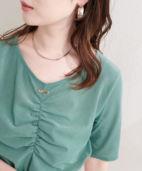natural couture(ナチュラルクチュール)の「シアーベロアギャザーT(Tシャツ/カットソー・レディース・ブルー/オフホワイト/ブラック/グレイッシュベージュ/ブラウン/ボルドー/ピンク/ネイビー/ミント・FREE)」の15枚目の写真