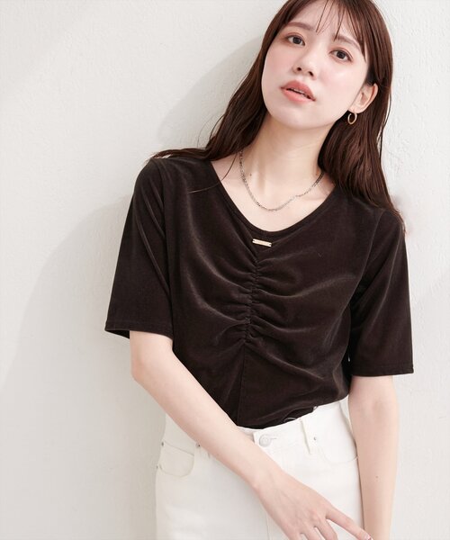 natural couture(ナチュラルクチュール)の「シアーベロアギャザーT(Tシャツ/カットソー・レディース・ブルー/オフホワイト/ブラック/グレイッシュベージュ/ブラウン/ボルドー/ピンク/ネイビー/ミント・FREE)」の21枚目の写真