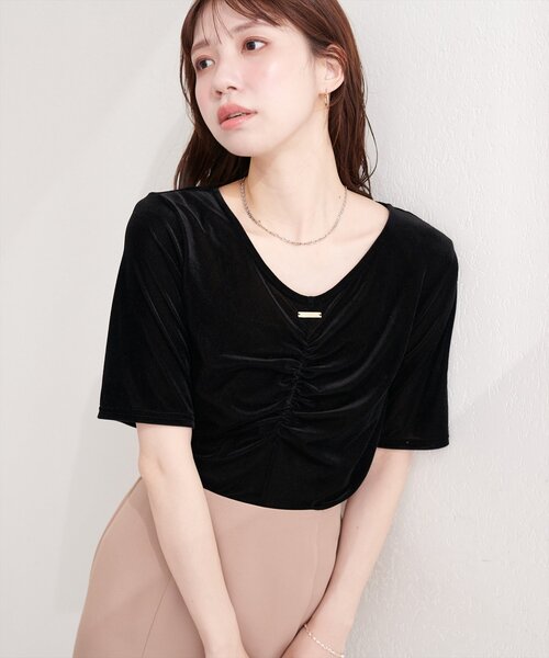 natural couture(ナチュラルクチュール)の「シアーベロアギャザーT(Tシャツ/カットソー・レディース・ブルー/オフホワイト/ブラック/グレイッシュベージュ/ブラウン/ボルドー/ピンク/ネイビー/ミント/ドット・FREE)」の13枚目の写真