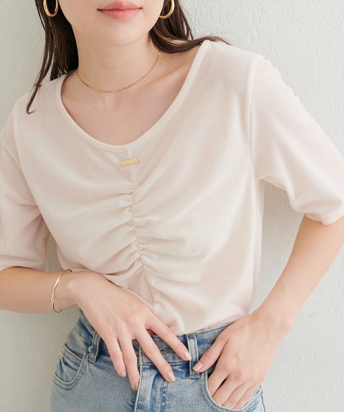 natural couture(ナチュラルクチュール)の「シアーベロアギャザーT(Tシャツ/カットソー・レディース・ブルー/オフホワイト/ブラック/グレイッシュベージュ/ブラウン/ボルドー/ピンク/ネイビー/ミント/ドット・FREE)」の20枚目の写真