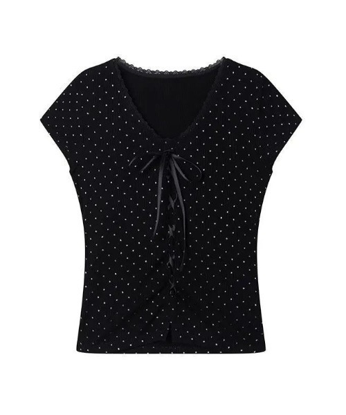 Emilie(エミリー)の「ドット柄リボンレースアップVネックTシャツ(Tシャツ/カットソー・レディース・ブラック・FREE)」の5枚目の写真