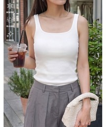 【抗菌防臭/吸水速乾/接触冷感/UVカット/サステナブル】「夏のブラ悩み、これ一枚で。」カップ付き テレコリブ スクエア タンクトップ
