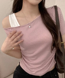 レイヤード風 ワンショルダーボーダー半袖Tシャツ