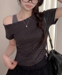 レイヤード風 ワンショルダーボーダー半袖Tシャツ