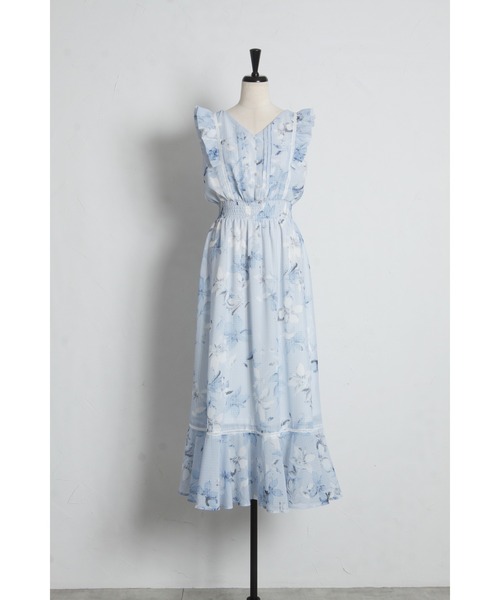tocco closet(トッコ クローゼット)の「ハシゴレース切り替えシアーチェックフラワープリントワンピース(ワンピース・レディース・モカ/ブルー・M)」の13枚目の写真