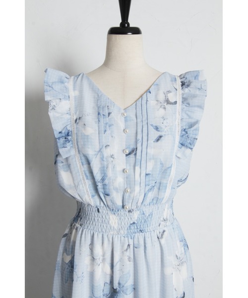tocco closet(トッコ クローゼット)の「ハシゴレース切り替えシアーチェックフラワープリントワンピース(ワンピース・レディース・モカ/ブルー・M)」の17枚目の写真