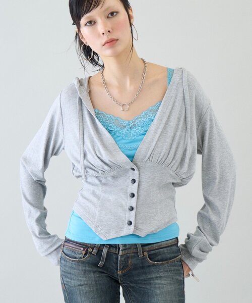 WHO'S WHO gallery（フーズフーギャラリー）の「【26AW LOOK掲載品番】コルセットフーディ（パーカー・レディース・チャコールグレー/ブラウン/グリーン/グレー・FREE）」の6枚目の写真