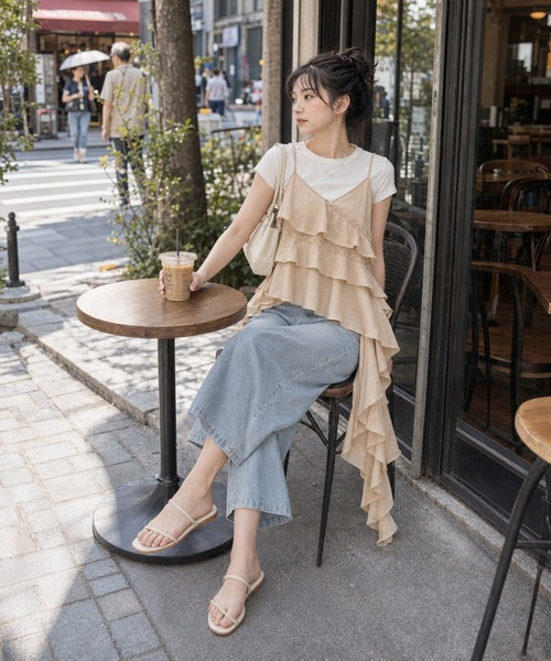 KONVINI(コンビニ)の「【KONVINI select】アシンメトリーティアードフリルキャミソール バレエコア 重ね着(キャミソール・レディース・ホワイト/ピンク・FREE)」の6枚目の写真