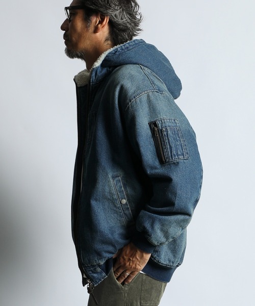 The DUFFER of ST.GEORGE(ザダファーオブセントジョージ)の「BOA DENIM MA-1:ボアデニム MA-1 / デニムジャケット / フーデッドMA-1(MA-1・メンズ・ブラック/インディゴブルー・X-LARGE/LARGE/MEDIUM)」の14枚目の写真