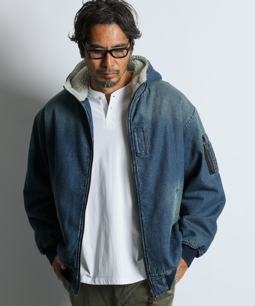The DUFFER of ST.GEORGE(ザダファーオブセントジョージ)の「BOA DENIM MA-1:ボアデニム MA-1 / デニムジャケット / フーデッドMA-1(MA-1・メンズ・ブラック/インディゴブルー・X-LARGE/LARGE/MEDIUM)」の12枚目の写真