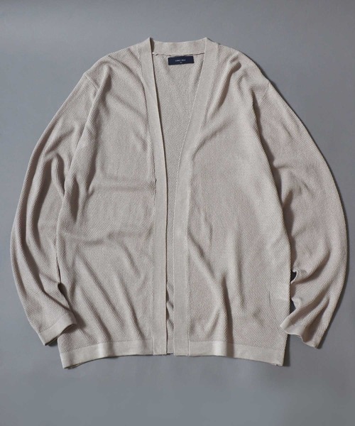 ANPAS（アンパス）の「Linen-Touch Pique Knit Open Cardigan / 12G リネンライク 麻タッチ 鹿の子編み ボタンレスカーディガン 薄手 長袖 メンズ レディース ユニセックス 羽織りもの 冷房対策（カーディガン/ボレロ・メンズ・ブラック/ベージュ/ネイビー/ピンク/ブルー/アイボリー/ブルーグリーン・M/L）」の16枚目の写真