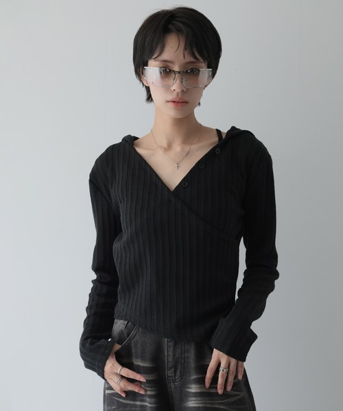 Ulysses（ユリシス）の「フード付きカシュクールトップス（Tシャツ/カットソー・レディース・ホワイト/ブラック・F）」の3枚目の写真