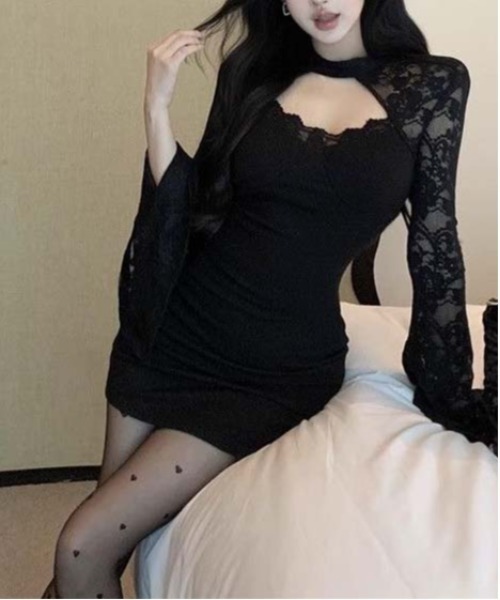 gossip!ロサンゼルス(ゴシップロサンゼルス)の「チョーカーネック 胸元カットアウト レースフレアスリーブ タイトミニワンピース レディース ブラック セクシー ボディコン パーティー デート(ワンピース・レディース・ブラック・S/M)」の9枚目の写真