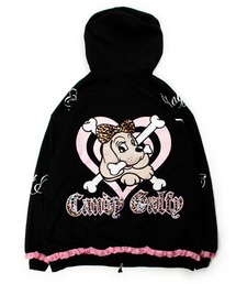 GALFY(ガルフィー)ぷりぷりボーンふりるパーカー/レオパードロゴ フリルレース スウェットジップパーカー