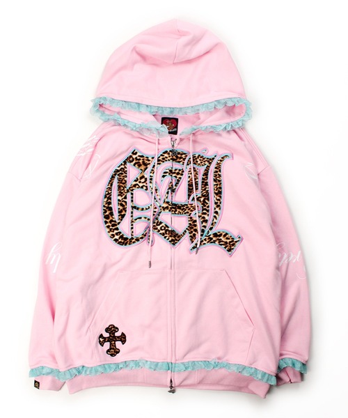 GALFY（ガルフィー）の「GALFY（ガルフィー）ぷりぷりボーンふりるパーカー/レオパードロゴ フリルレース スウェットジップパーカー（パーカー・レディース・ピンク/ブラック/グレー・FREE）」の8枚目の写真