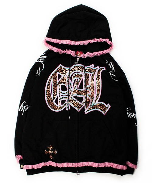 GALFY（ガルフィー）の「GALFY（ガルフィー）ぷりぷりボーンふりるパーカー/レオパードロゴ フリルレース スウェットジップパーカー（パーカー・レディース・ピンク/ブラック/グレー・FREE）」の4枚目の写真