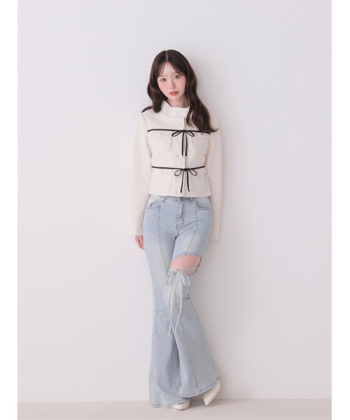 M me eme(エムミーエメ)の「Side cut lace ribbon denim(eme11164)(デニムパンツ・レディース・ネイビー/ブルー・XS/S/M)」の10枚目の写真