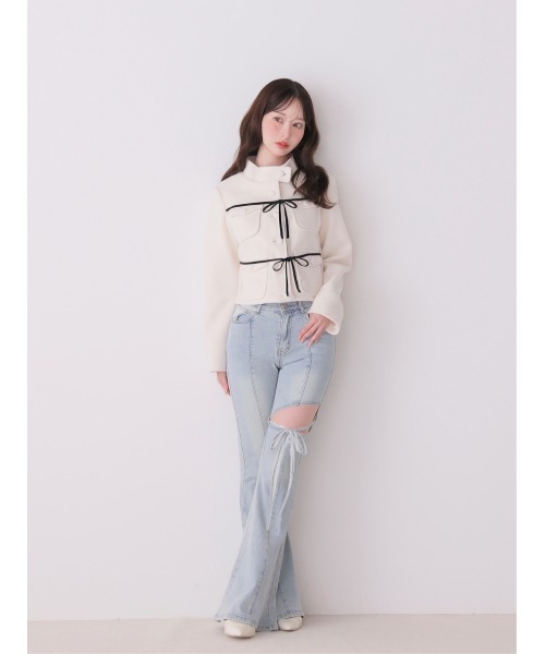 M me eme(エムミーエメ)の「Side cut lace ribbon denim(eme11164)(デニムパンツ・レディース・ネイビー/ブルー・XS/S/M)」の11枚目の写真