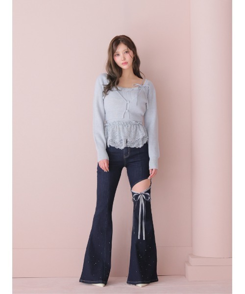 M me eme(エムミーエメ)の「Side cut lace ribbon denim(eme11164)(デニムパンツ・レディース・ネイビー/ブルー・XS/S/M)」の12枚目の写真
