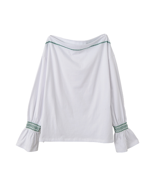 SUNBABIES(サンベイビーズ)の「スモッグ刺繍オフショルカットソー(Tシャツ/カットソー・レディース・イエロー/ホワイト・M)」の4枚目の写真