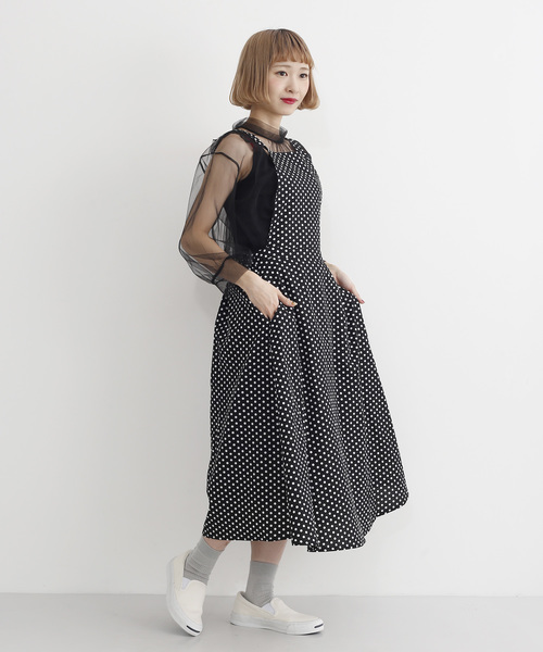 Merlot メルロー のファッション ワンピース ワンピース ドット柄エプロンワンピース2604 ワンピース