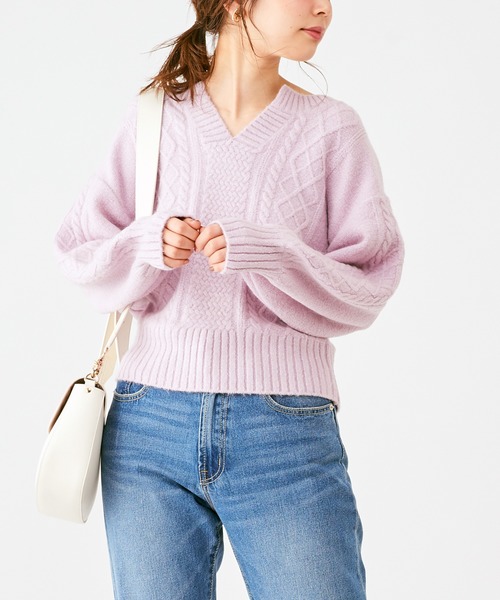 natural couture(ナチュラルクチュール)の「もちもちブークレーケーブルキーネック/セットアップ(ニット/セーター・レディース・アイボリー/ミント/ボルドー/モカ/ラベンダー/ピンクベージュ・FREE)」の5枚目の写真