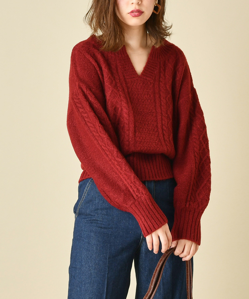 natural couture(ナチュラルクチュール)の「もちもちブークレーケーブルキーネック/セットアップ(ニット/セーター・レディース・アイボリー/ミント/ボルドー/モカ/ラベンダー/ピンクベージュ・FREE)」の6枚目の写真