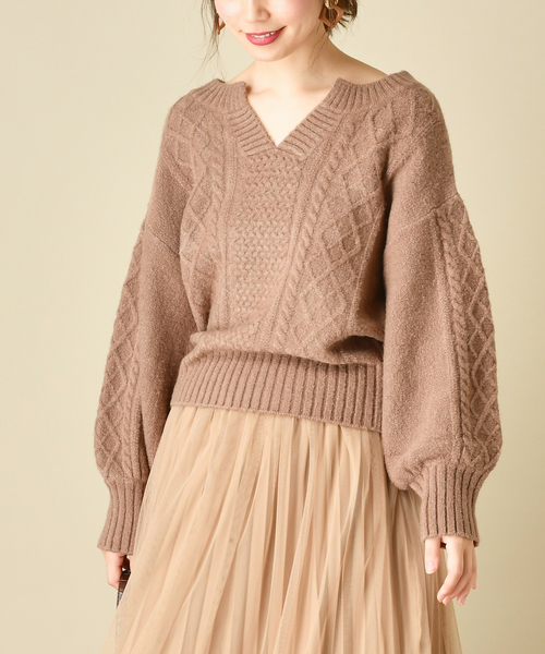 natural couture(ナチュラルクチュール)の「もちもちブークレーケーブルキーネック/セットアップ(ニット/セーター・レディース・アイボリー/ミント/ボルドー/モカ/ラベンダー/ピンクベージュ・FREE)」の3枚目の写真
