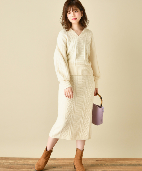 natural couture(ナチュラルクチュール)の「もちもちブークレーケーブルキーネック/セットアップ(ニット/セーター・レディース・アイボリー/ミント/ボルドー/モカ/ラベンダー/ピンクベージュ・FREE)」の7枚目の写真