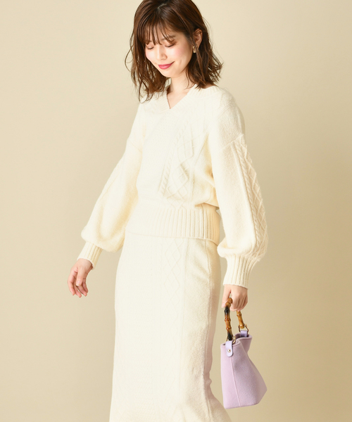 natural couture(ナチュラルクチュール)の「もちもちブークレーケーブルキーネック/セットアップ(ニット/セーター・レディース・アイボリー/ミント/ボルドー/モカ/ラベンダー/ピンクベージュ・FREE)」の8枚目の写真