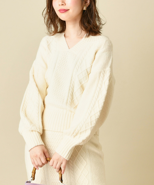 natural couture(ナチュラルクチュール)の「もちもちブークレーケーブルキーネック/セットアップ(ニット/セーター・レディース・アイボリー/ミント/ボルドー/モカ/ラベンダー/ピンクベージュ・FREE)」の9枚目の写真