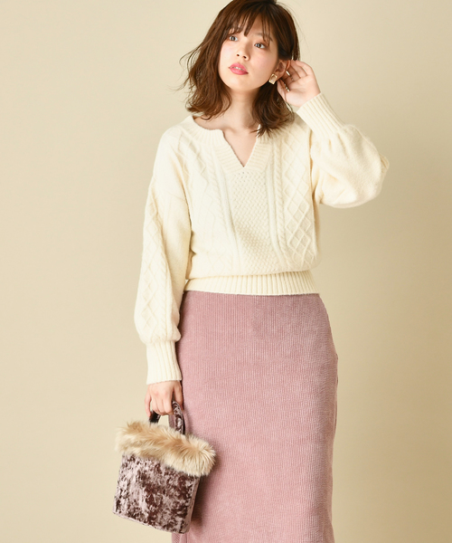 natural couture(ナチュラルクチュール)の「もちもちブークレーケーブルキーネック/セットアップ(ニット/セーター・レディース・アイボリー/ミント/ボルドー/モカ/ラベンダー/ピンクベージュ・FREE)」の12枚目の写真