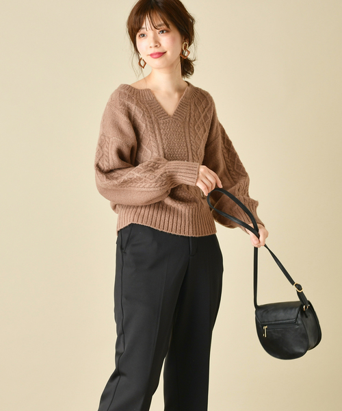 natural couture(ナチュラルクチュール)の「もちもちブークレーケーブルキーネック/セットアップ(ニット/セーター・レディース・アイボリー/ミント/ボルドー/モカ/ラベンダー/ピンクベージュ・FREE)」の18枚目の写真