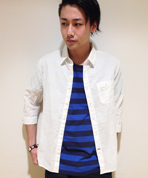 CIAOPANIC TYPY(チャオパニックティピー)の「綿麻7分袖レギュラーシャツ(シャツ/ブラウス・メンズ・ホワイト/ネイビー/グリーン/マスタード/ブルー/ブラック・MEDIUM/SMALL/LARGE)」の2枚目の写真