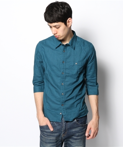 CIAOPANIC TYPY(チャオパニックティピー)の「綿麻7分袖レギュラーシャツ(シャツ/ブラウス・メンズ・ホワイト/ネイビー/グリーン/マスタード/ブルー/ブラック・MEDIUM/SMALL/LARGE)」の11枚目の写真