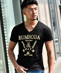 ラインストーン半袖Tシャツ/カットソー 箔プリント Vネック