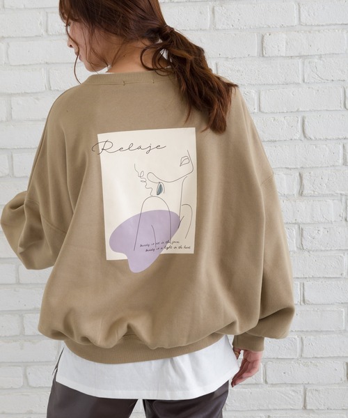 SpRay(スプレイ)の「線画アート裏起毛スウェット(Tシャツ/カットソー・レディース・オフホワイト/カーキ/ブルー/ラベンダー/スミクロ・FREE)」の4枚目の写真