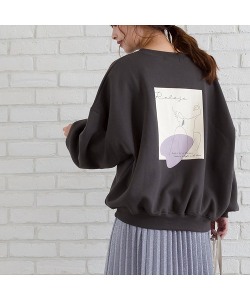 SpRay(スプレイ)の「線画アート裏起毛スウェット(Tシャツ/カットソー・レディース・オフホワイト/カーキ/ブルー/ラベンダー/スミクロ・FREE)」の3枚目の写真