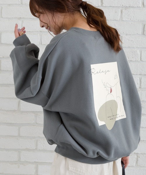 SpRay(スプレイ)の「線画アート裏起毛スウェット(Tシャツ/カットソー・レディース・オフホワイト/カーキ/ブルー/ラベンダー/スミクロ・FREE)」の5枚目の写真