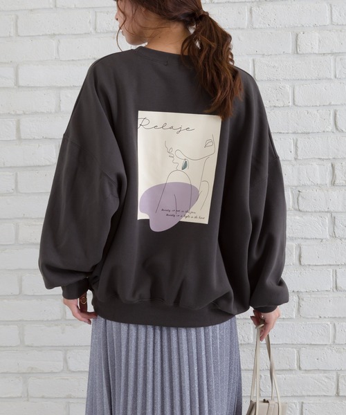 SpRay(スプレイ)の「線画アート裏起毛スウェット(Tシャツ/カットソー・レディース・オフホワイト/カーキ/ブルー/ラベンダー/スミクロ・FREE)」の6枚目の写真