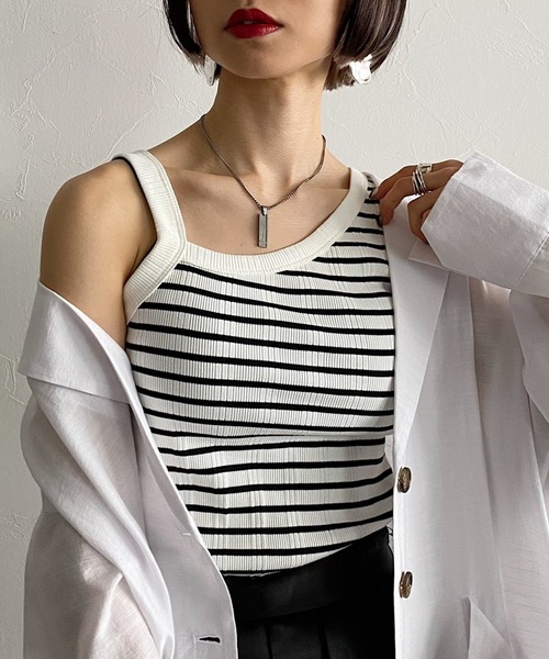 PAGEBOY（ページボーイ）の「ランダムテレコアシメタンク（タンクトップ・レディース・ブラック/オフホワイト/ホワイト×ブラック・FREE）」の2枚目の写真