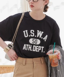 ANGIE（アンジー）の「GILDAN カレッジロゴ オーバーサイズ プリント Tシャツ / 半袖Tシャツ / バックプリント / ワンポイント（Tシャツ/カットソー）」