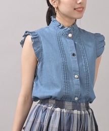 多釦フリルネックノースリーブブラウス