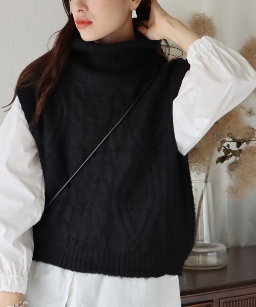 BLUEEAST（ブルーイースト）の「タートルネックケーブルニットベスト（ベスト・レディース・ブラック/ベージュ/ブルー/オレンジ・MEDIUM）」の8枚目の写真