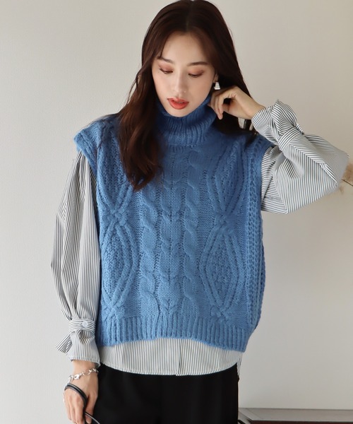 BLUEEAST（ブルーイースト）の「タートルネックケーブルニットベスト（ベスト・レディース・ブラック/ベージュ/ブルー/オレンジ・MEDIUM）」の15枚目の写真