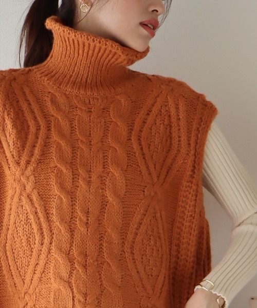 BLUEEAST（ブルーイースト）の「タートルネックケーブルニットベスト（ベスト・レディース・ブラック/ベージュ/ブルー/オレンジ・MEDIUM）」の21枚目の写真