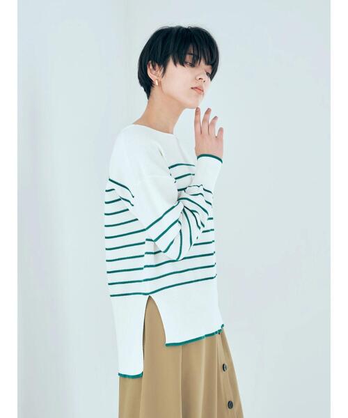 YECCA VECCA（イェッカヴェッカ）の「クルーネックボーダーニット（ニット/セーター・レディース・ネイビー/グリーン/オフホワイト・FREE）」の5枚目の写真